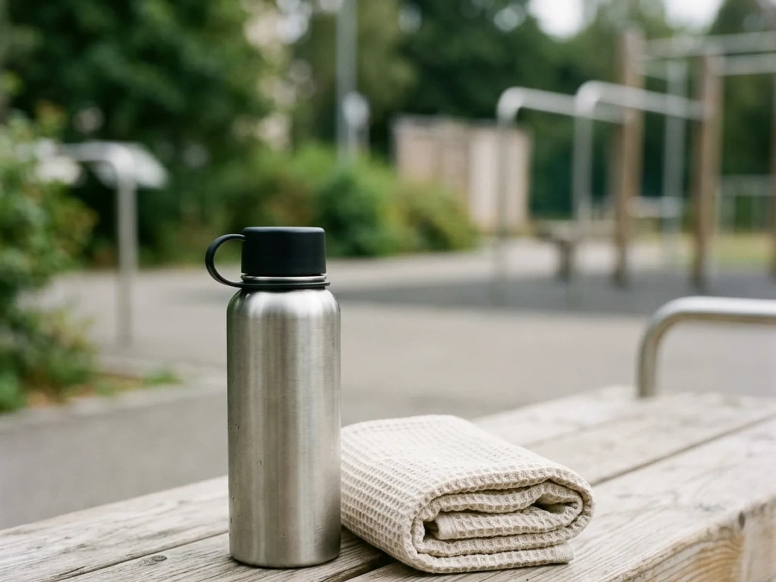 A reusable steel water bottle and a folded cotton towel on a light wooden bench.